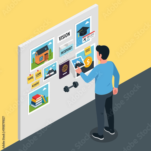 Man interacting with vision board displaying various life goals and aspirations.