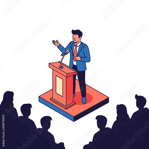 Man giving a speech from a podium to an audience.