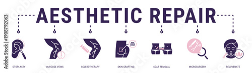 Aesthetic Repair web banner icon vector illustration featuring Otoplasty, Varicose Veins, Sclerotherapy, Skin Grafting, Scar Removal and Microsurgery