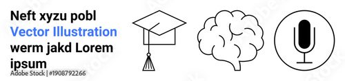 Education, learning, creativity, communication, knowledge sharing, podcasting. Graduation cap, brain and microphone symbols in a clean design. Education and learning ideas visually