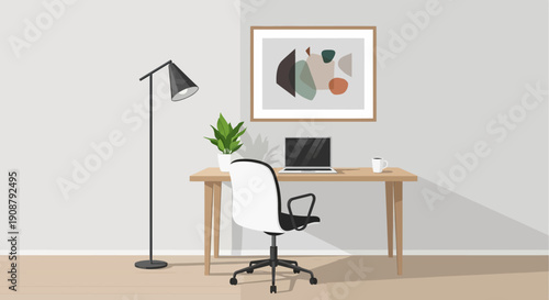 A modern office interior features a comfortable wooden table and chairs set against a stylish wall and window in a bright, nobody-present room with contemporary furniture decor