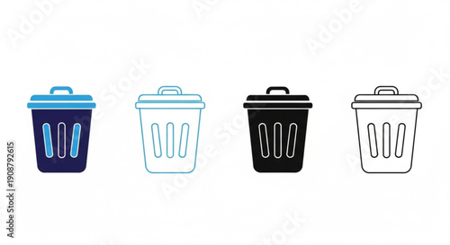 Trash icon pack multi style. Outline, solid and colored bin symbols
