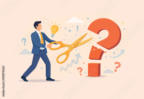 Problem solution, solve question mark, uncertainty or confusion, advice decision or challenge to overcome issue, trouble or difficulty concept, businessman cut question mark metaphor resolution.