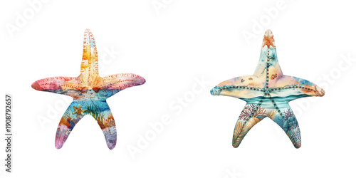 silhouette starfish with underwater scene inside watercolor vector illustration