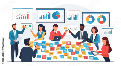 A group of business people icons and a diverse team utilize a global map and world globe illustration to showcase a network of technology and communication in a blue vector silhouette style