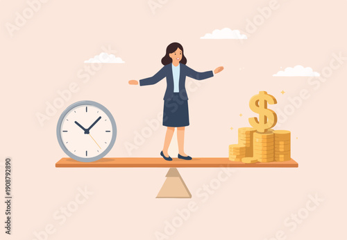 : Time and money balance, weight between work and life, long term investment or savings, control make decision concept, cheerful business woman balance between time clock and dollar money on seesaw.