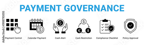 Payment Governance web banner icon concept,  with Payment Control, Calendar Payment, Cash Alert, Cash Restriction, Compliance Checklist, Policy.