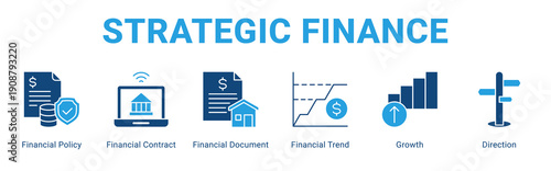 Strategic Finance web banner icon concept,  with Financial Policy, Financial Contract, Financial Document, Financial Trend, Growth,.