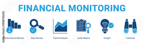Financial Monitoring web banner icon concept,  with Performance Metrics, Data Review, Trend Analysis, Audit Report, Insight, Forecas.