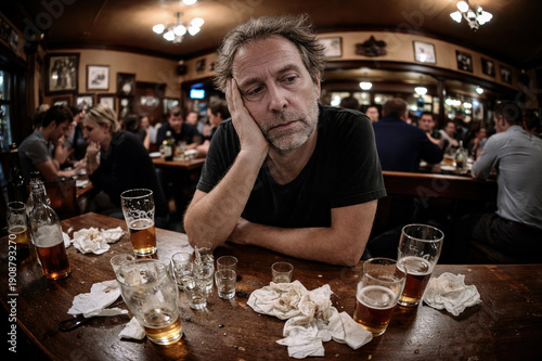 A weary man rests alone at a busy pub, surrounded by glasses from alcohol drinks.