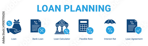 Loan Planning web banner icon concept,  with Loan, Bank Loan, Loan Calculator, Flexible Rate, Interest Rat, Loan Ag.