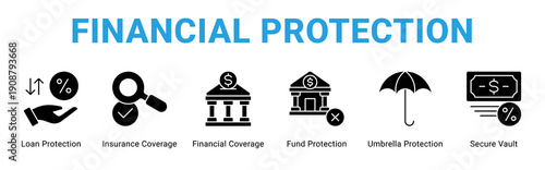 Financial Protection web banner icon concept,  with Loan Protection, Insurance Coverage, Financial Coverage, Fund Protection, Umbrella Protection, Secure Vault.