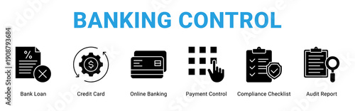 Banking Control web banner icon concept,  with Bank Loan, Credit Card, Online Banking, Payment Control, Compliance Checklist, Audit Report.