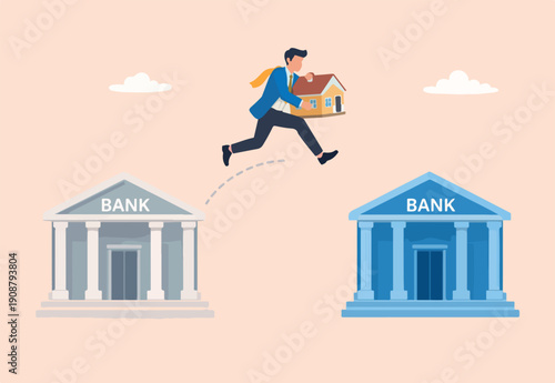  Refinance change mortgage agreement to new bank, replace debt obligation with better interest rate, housing loan or real estate investment concept, businessman with his house jump to new bank.