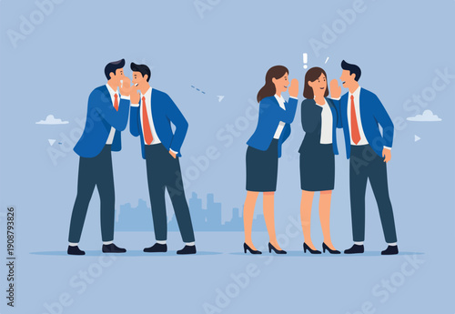 Business secret, corporate communication or viral advertising, rumor spread or colleague gossip confidential information concept, business people coworkers whispering gossip secret team members.