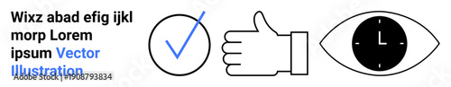 Branding, decision-making, evaluation, productivity, time management, business processes. Checkmark, thumbs-up eye with clock shapes. Branding and decision-making concepts
