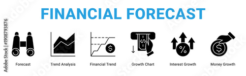 Financial Forecast web banner icon concept,  with Forecast, Trend Analysis, Financial Trend, Growth Chart, Interest Growth, Money Growth.