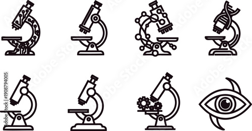 Collection of microscope icons in various scientific and technological settings with eye  laboratory and research concepts
