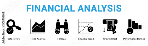 Financial Analysis web banner icon concept,  with Data Review, Trend Analysis, Forecast, Financial Trend, Growth Chart, Perform.
