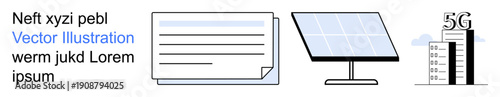 Renewable energy, digital communication, technology, document processing, solar power, 5G connectivity. A solar panel, a document and a 5G tower. Renewable energy and digital communication concept