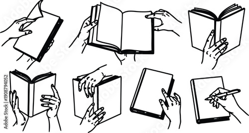 Hands holding and opening books and notebooks in various positions and angles for reading and writing  educational illustrations