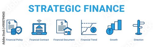 Strategic Finance web banner icon concept,  with Financial Policy, Financial Contract, Financial Document, Financial Trend, Growth,.