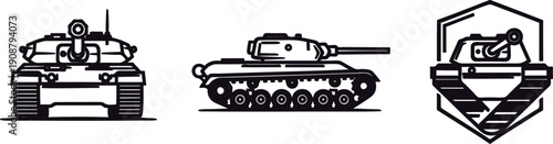 Set of military tanks and armoured vehicles in black and white  isolated on transparent background