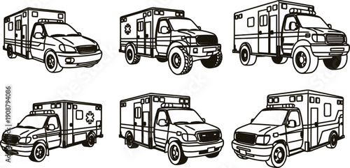 Six different ambulance vehicles in various angles and designs  emergency medical transportation services