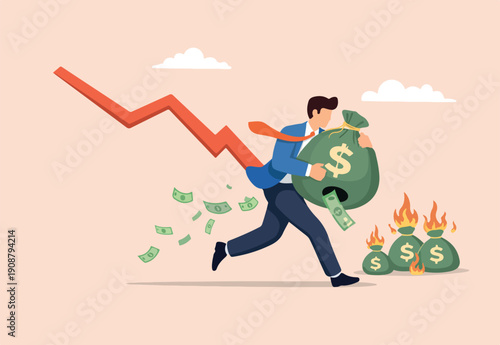 Lose money while trying to get out of stock market in crisis or recession, investment risk or fraud, mutual fund expense and cost concept, businessman running money bag, banknotes fall from hole