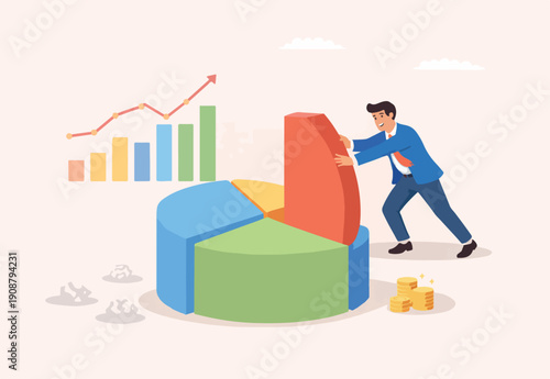  Business analysis, investment asset allocation or economic statistic concept, smart businessman standing on pie chart pushing allocation the best performance position.
