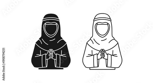 Black vector icon of a praying Muslim woman in a hijab, with a line art outline version, isolated on a transparent background for UI or app design.