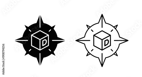 Black and white vector compass rose icon with a central cube featuring a letter 'D', isolated on transparent background.