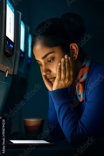 A woman sits on a night flight and looks at the her portable device. A tired flight attendant rests in the dimly lit cabin of flying plane.