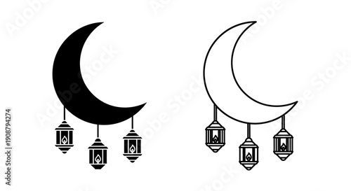 Vector crescent moon icon with three hanging lanterns in solid black and outline styles, isolated on transparent background for Ramadan or Eid al-Fitr.