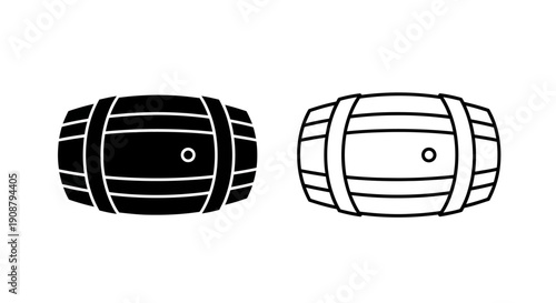 Black and outline wooden barrel vector icon set, wine or whiskey cask symbol, isolated on white