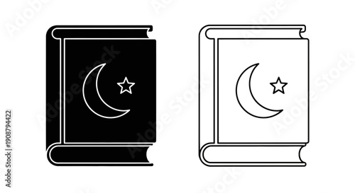 Black and outline vector Islamic holy book icon with crescent moon and star, Quran or religious text symbol isolated on white