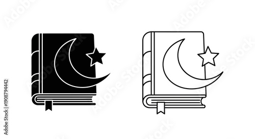 Black and outline vector icon of Quran book with crescent moon and star, Islamic holy book symbol, isolated on white