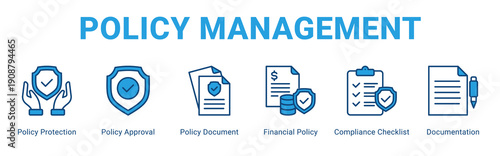Policy Management web banner icon concept,  with Policy Protection, Policy Approval, Policy Document, Financial Policy, Compliance Checklist, Documen.