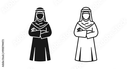 Arab woman icon set, black solid and outline vector illustration, traditional clothing, isolated on white