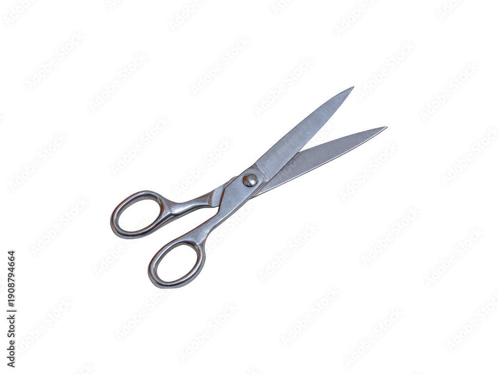 Fototapeta premium All steel scissors, a shiny metal cutting tool with ergonomic finger loops, isolated on a transparent background