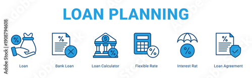 Loan Planning web banner icon concept,  with Loan, Bank Loan, Loan Calculator, Flexible Rate, Interest Rat, Loan Ag.