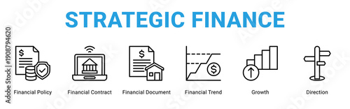 Strategic Finance web banner icon concept,  with Financial Policy, Financial Contract, Financial Document, Financial Trend, Growth,.