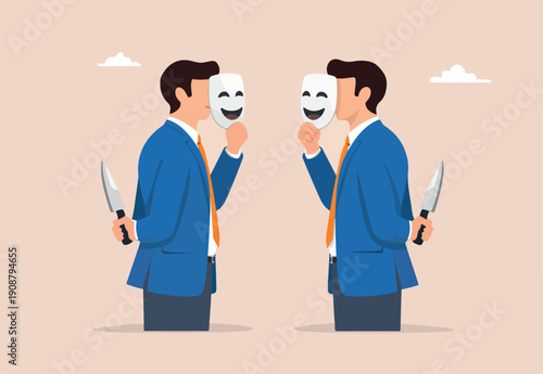 Office politics, jealousy colleagues compete to get promoted, rivalry coworker argument, dishonesty stab in the back concept, businessmen colleagues putting fake smile mask hiding knife behind