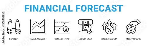 Financial Forecast web banner icon concept,  with Forecast, Trend Analysis, Financial Trend, Growth Chart, Interest Growth, Money Growth.