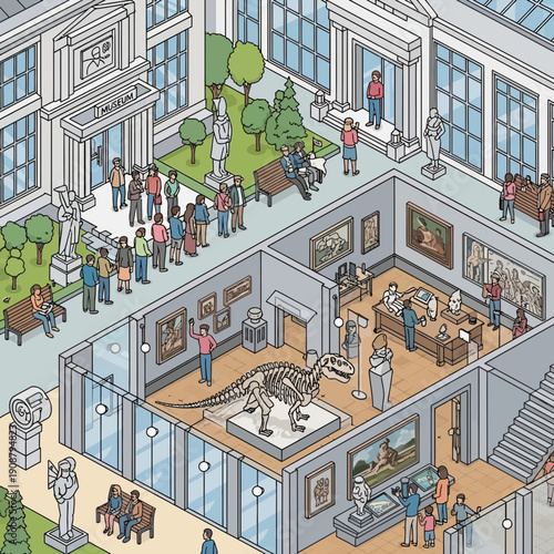 Isometric museum interior with dinosaur skeleton and art exhibits, visitors exploring