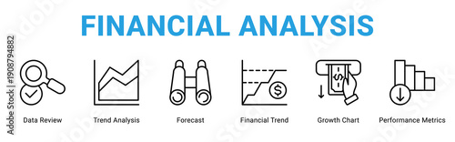 Financial Analysis web banner icon concept,  with Data Review, Trend Analysis, Forecast, Financial Trend, Growth Chart, Perform.