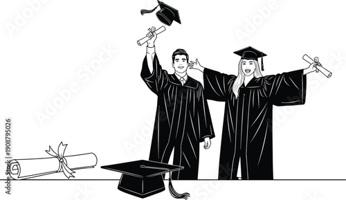 Graduation celebration illustration with happy students holding diplomas and throwing caps, academic success, achievement and education milestone concept, black and white line art isolated