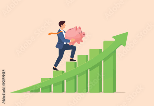 Growth stock, prosperity economic or growth return in savings and investment concept, confident businessman investor hold wealthy pink piggy bank walking rising green arrow stock market bar graph