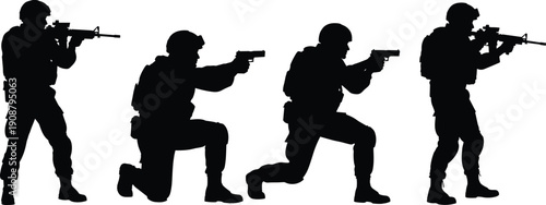 Silhouettes of armed soldiers in tactical kneeling and standing positions, military team aiming rifles and pistols, security concept illustration isolated on white background