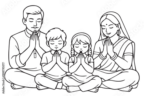 A vector illustration of a Hindu Indian family with parents and two children praying together during a major religious festival, representing spiritual devotion, family unity, cultural heritage.